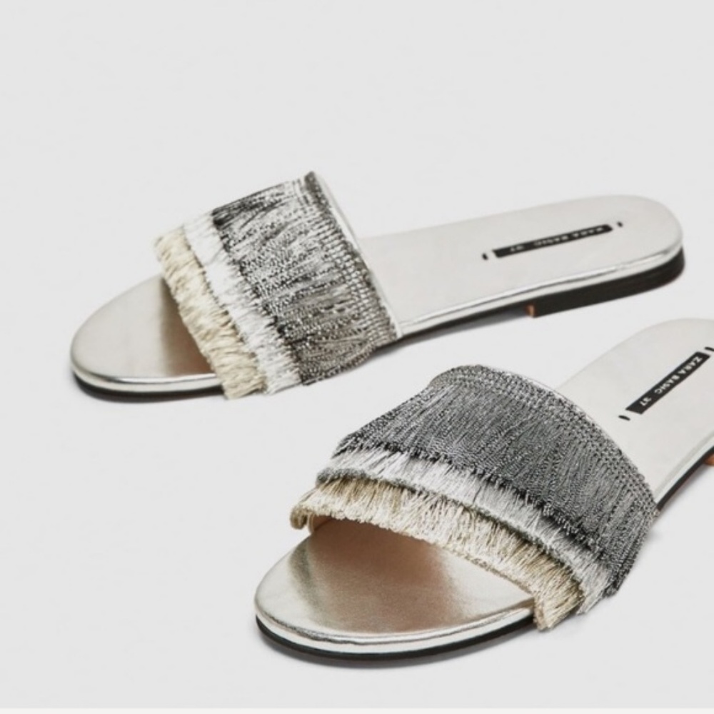 Zara Woman Silver Fringe Flat Sandals NWT Sz.6